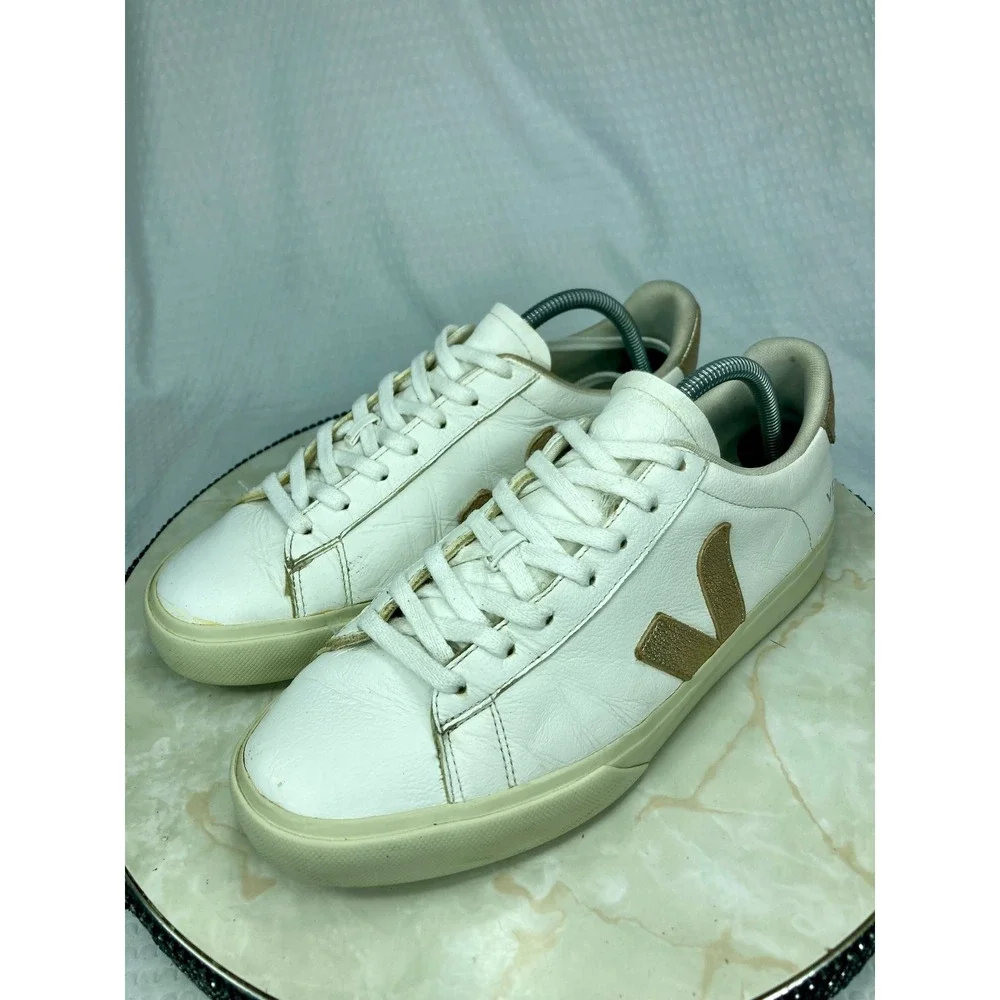 Veja Esplar Metallic Leather Shoes Women 9.5 Gold White Low Top Lace Up Sneakers